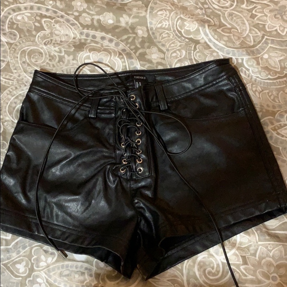 Black leather tie shorts